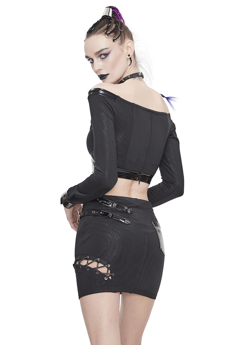 Asymmetric Mini Skirt with Buckles / Gothic Style Women's Black Skirt with Lacing on One Side