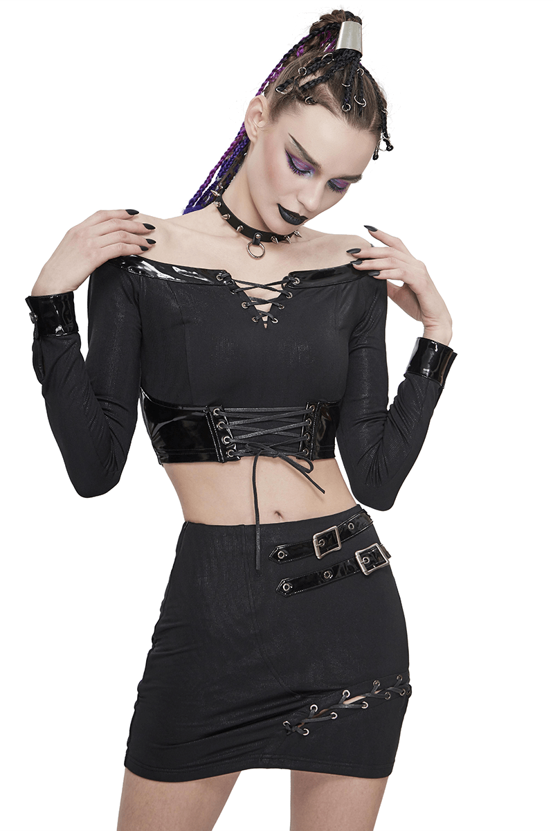 Asymmetric Mini Skirt with Buckles / Gothic Style Women's Black Skirt with Lacing on One Side