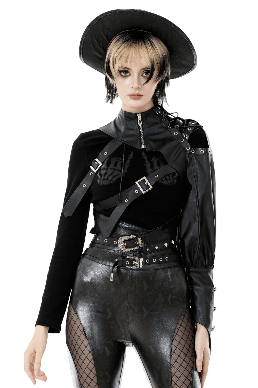 Asymmetric Punk Leather Shoulder Cape with Strap Detailing