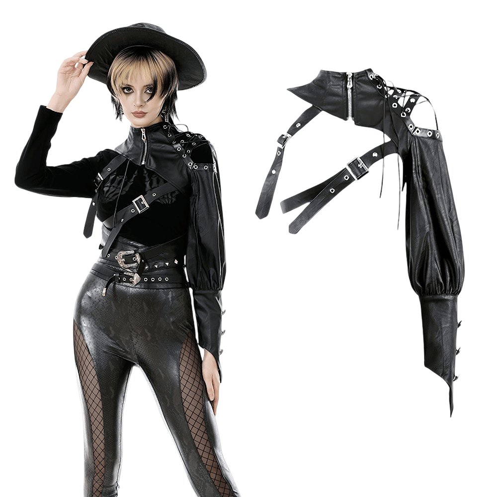 Asymmetric Punk Leather Shoulder Cape with Strap Detailing