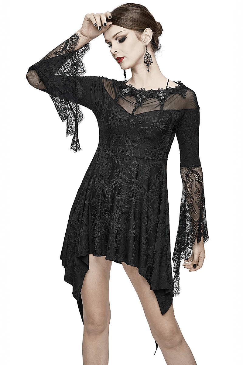 Asymmetrical Gothic Lace Dress with Silver Crosses / Romantic Long Sleeve Fringe Dress