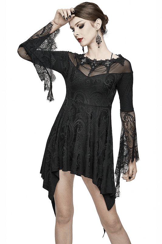 Asymmetrical Gothic Lace Dress with Silver Crosses / Romantic Long Sleeve Fringe Dress