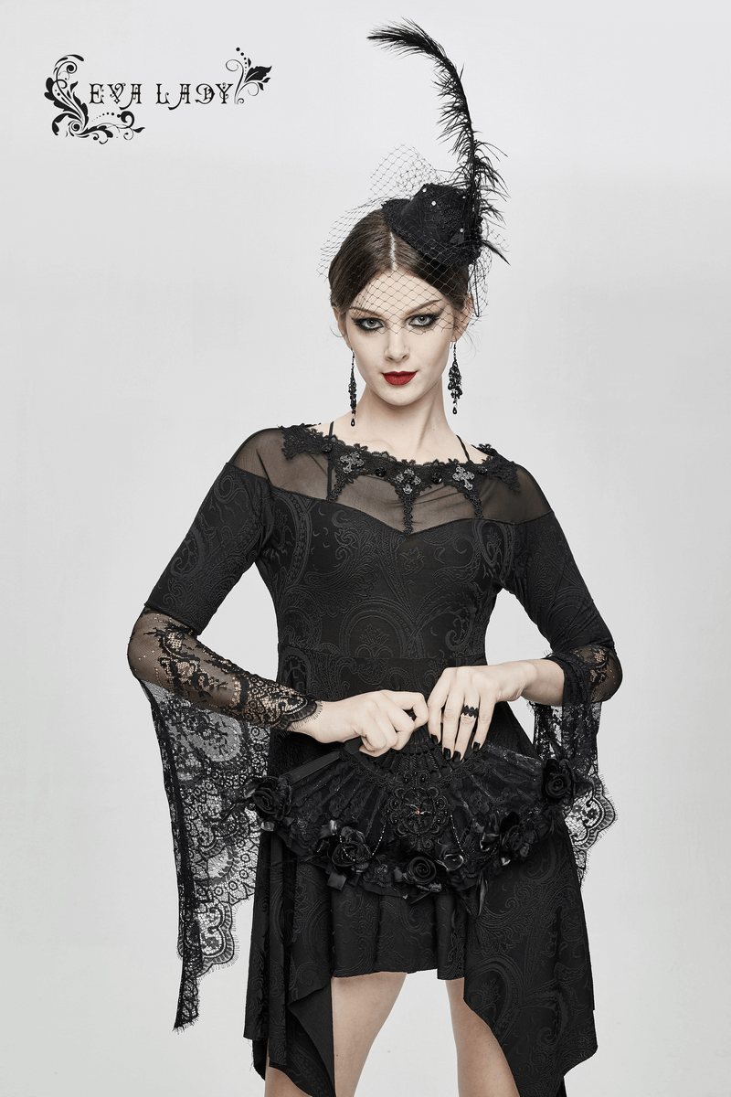 Asymmetrical Gothic Lace Dress with Silver Crosses / Romantic Long Sleeve Fringe Dress