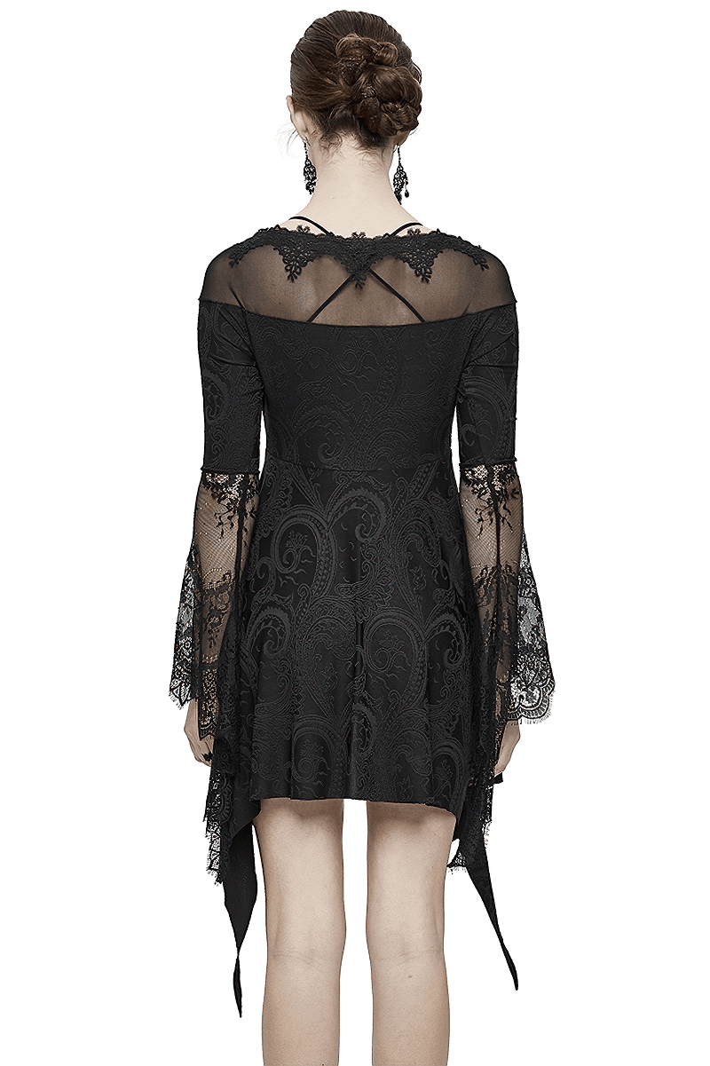 Asymmetrical Gothic Lace Dress with Silver Crosses / Romantic Long Sleeve Fringe Dress