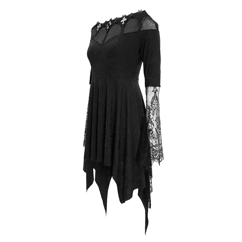 Asymmetrical Gothic Lace Dress with Silver Crosses / Romantic Long Sleeve Fringe Dress