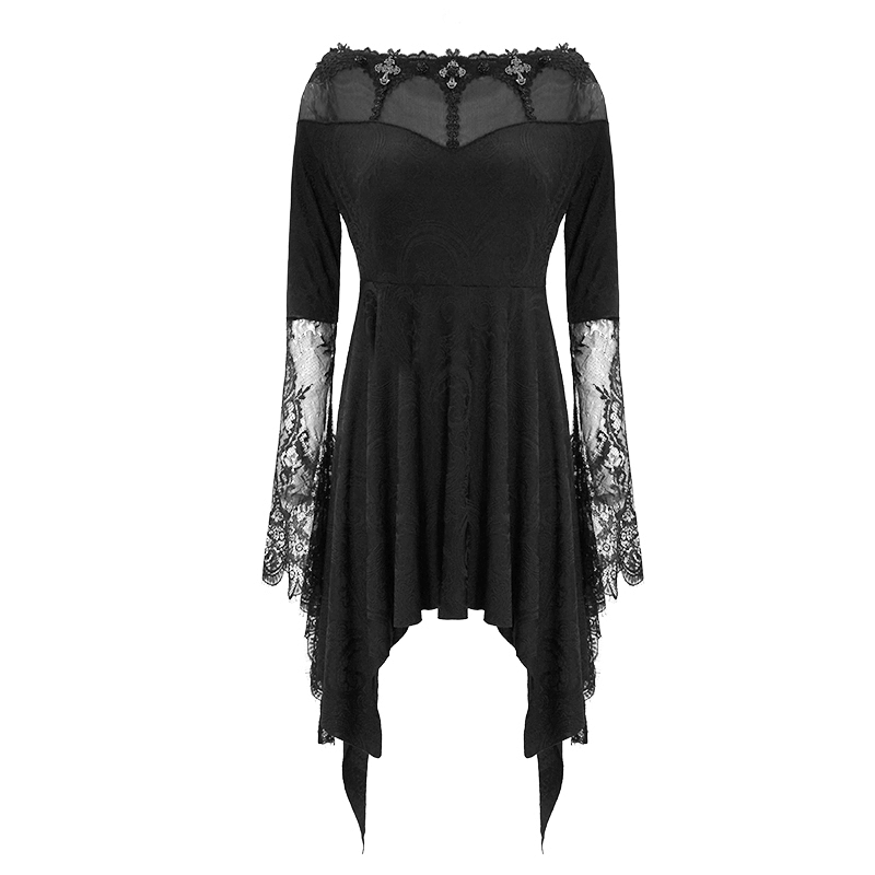 Asymmetrical Gothic Lace Dress with Silver Crosses / Romantic Long Sleeve Fringe Dress