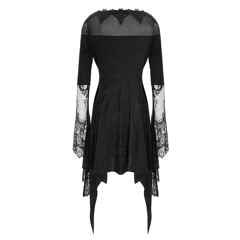 Asymmetrical Gothic Lace Dress with Silver Crosses / Romantic Long Sleeve Fringe Dress