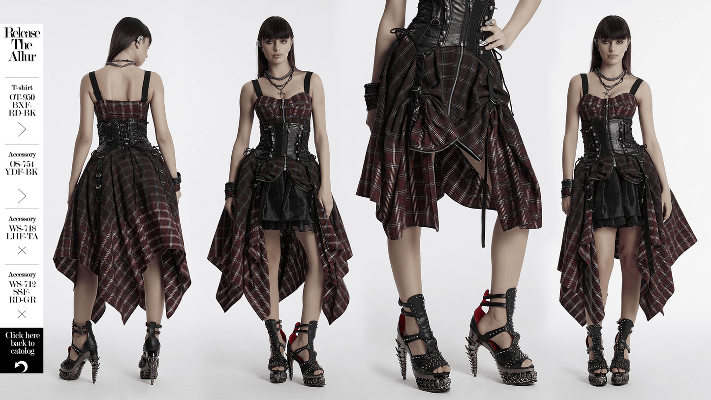 Asymmetrical Gothic Plaid Skirt with Zipper Front