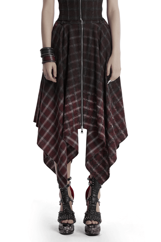 Asymmetrical Gothic Plaid Skirt with Zipper Front