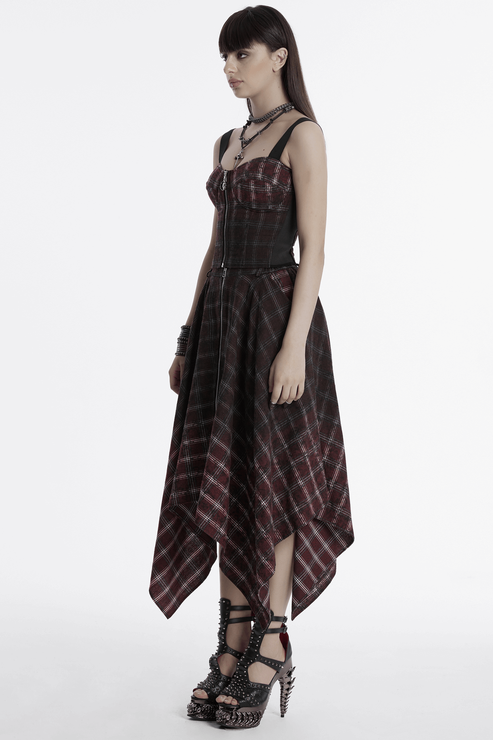 Asymmetrical Gothic Plaid Skirt with Zipper Front