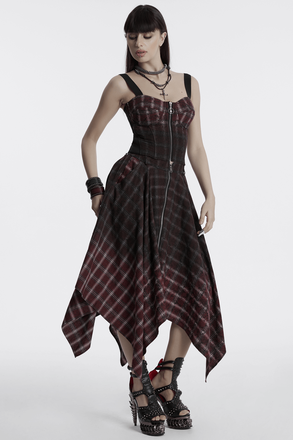 Asymmetrical Gothic Plaid Skirt with Zipper Front