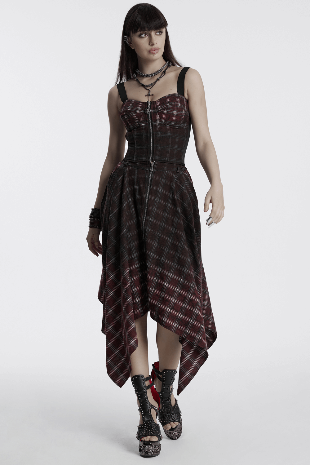 Asymmetrical Gothic Plaid Skirt with Zipper Front
