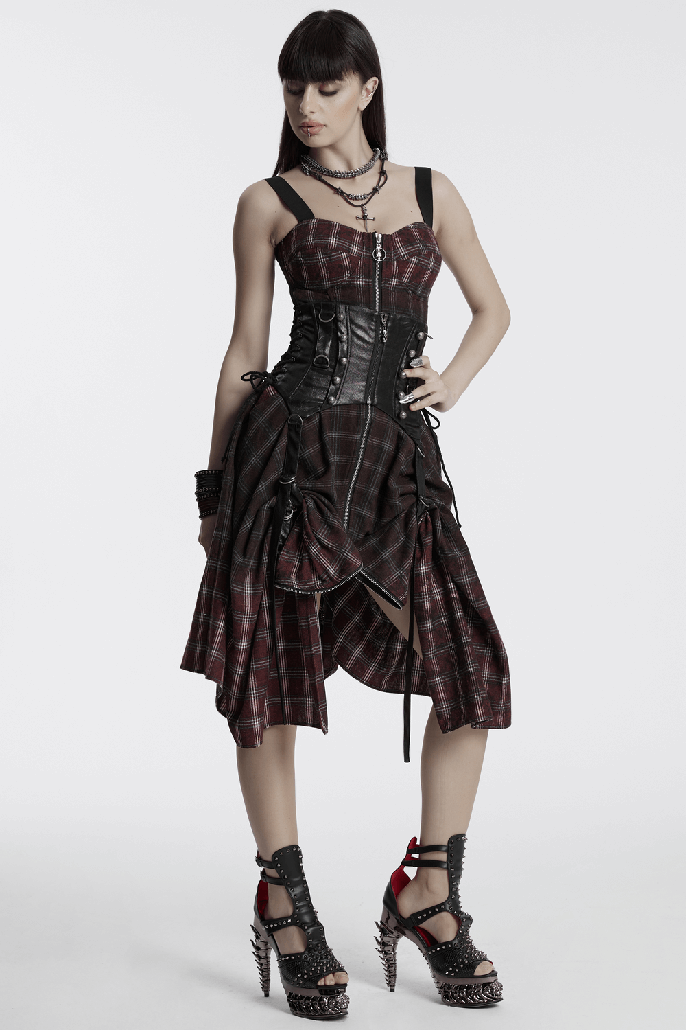 Asymmetrical Gothic Plaid Skirt with Zipper Front