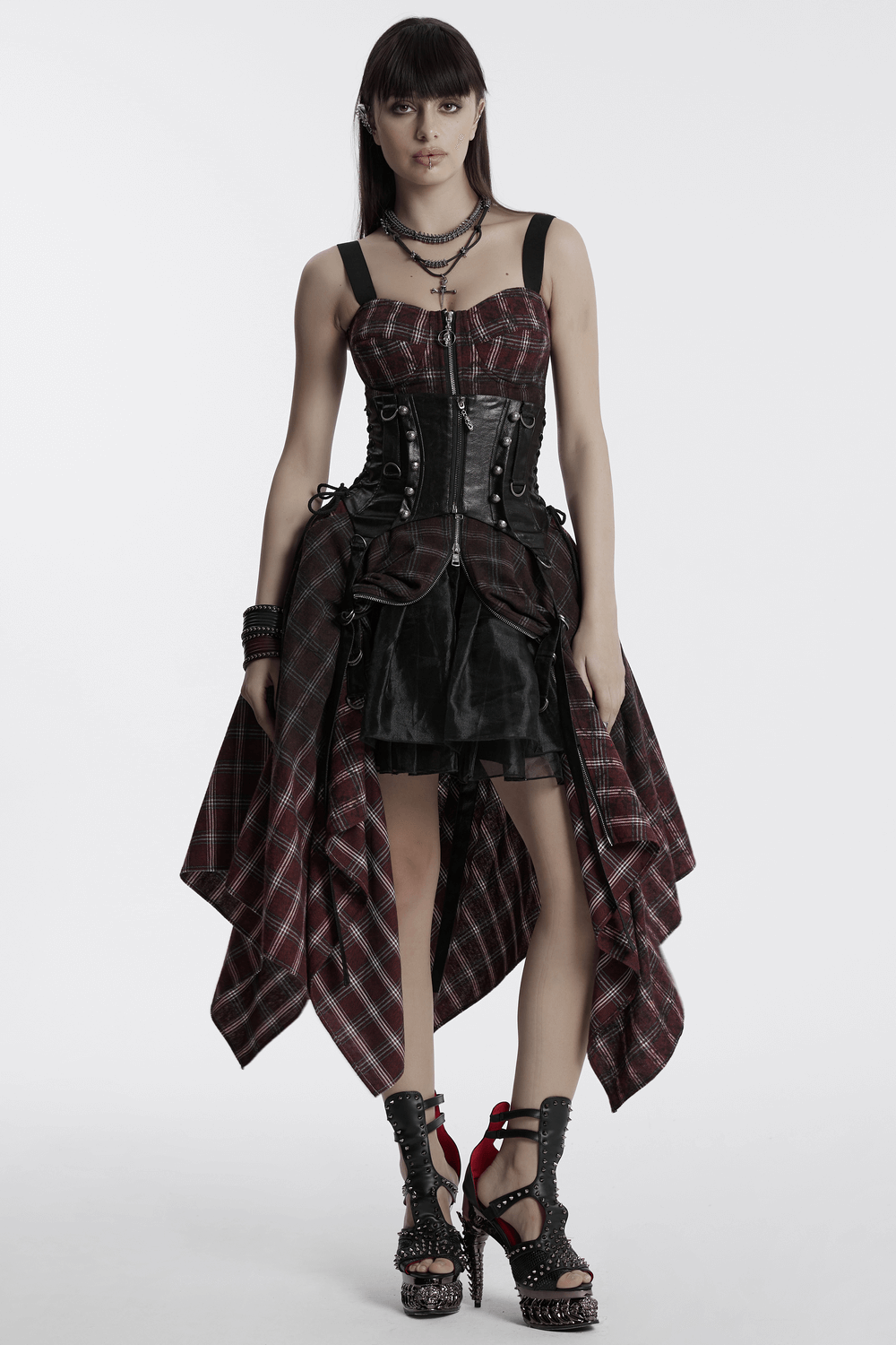 Asymmetrical Gothic Plaid Skirt with Zipper Front