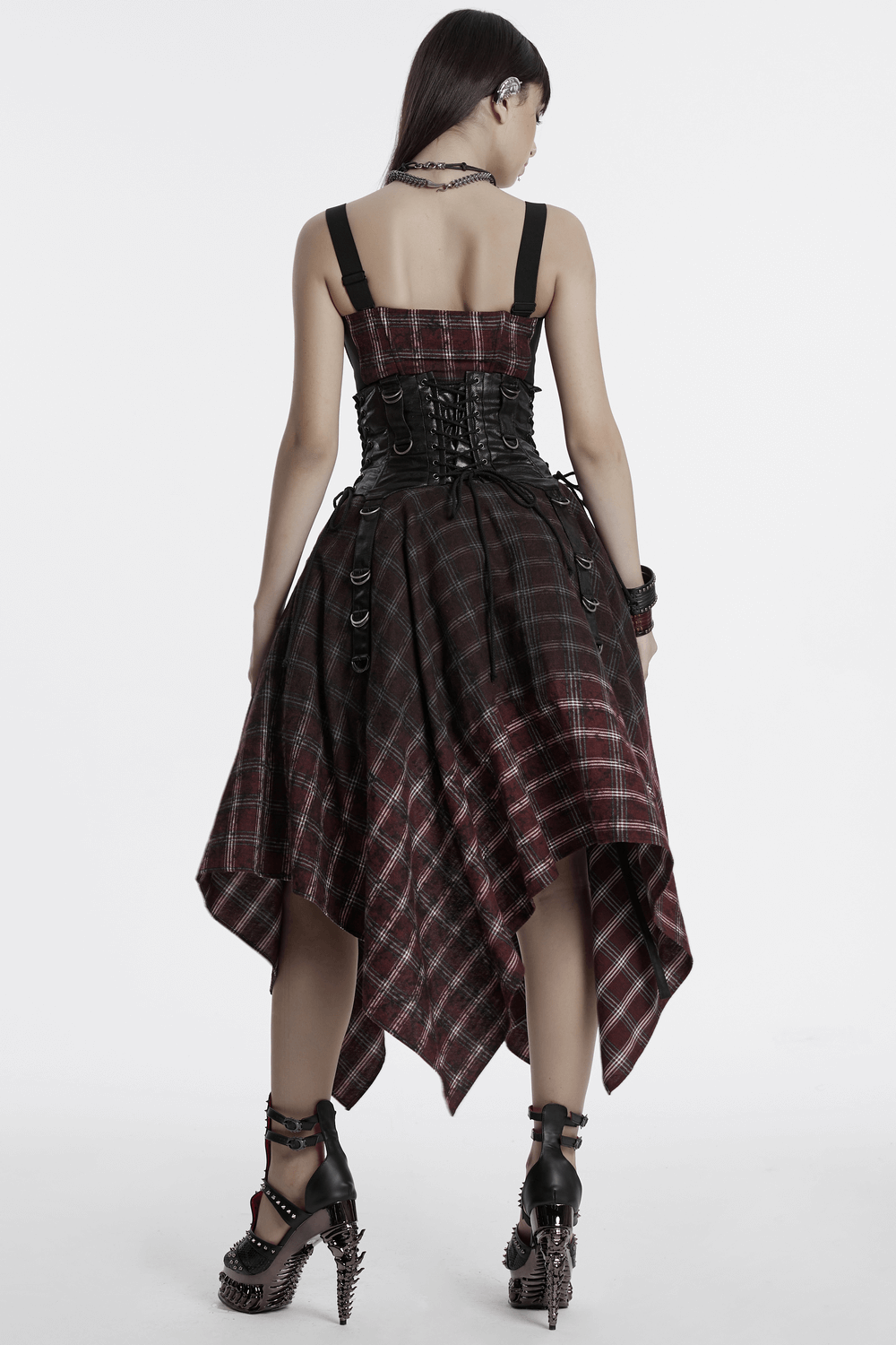 Asymmetrical Gothic Plaid Skirt with Zipper Front