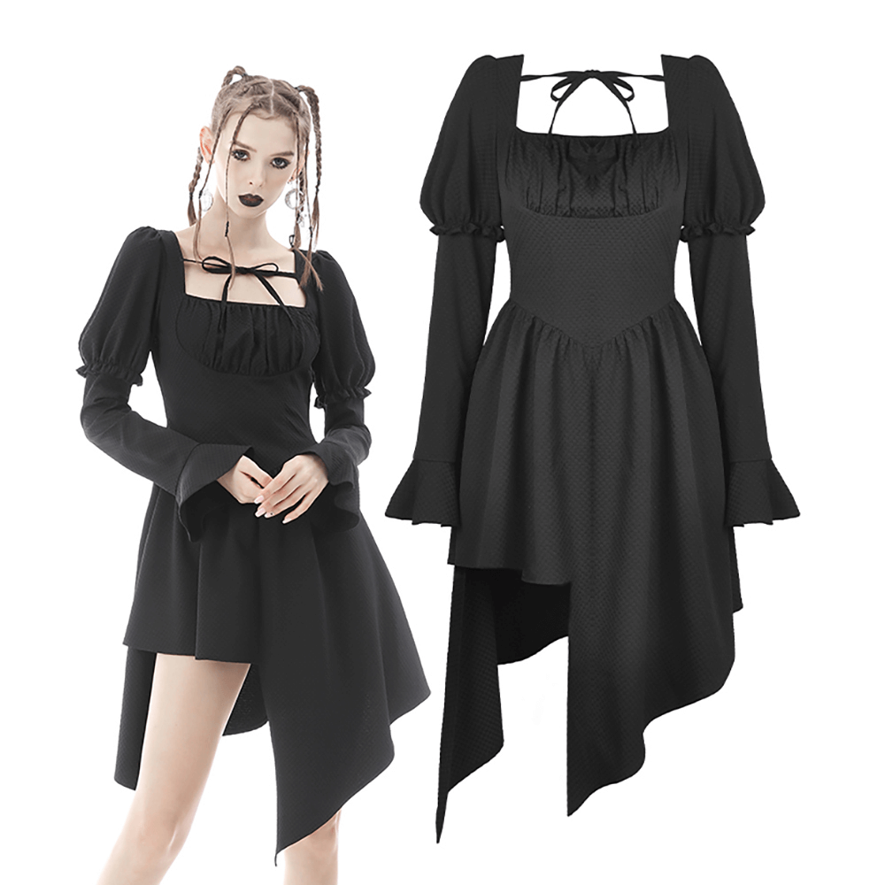 Asymmetrical Hem Dress with Long Sleeves and Choker Neckline