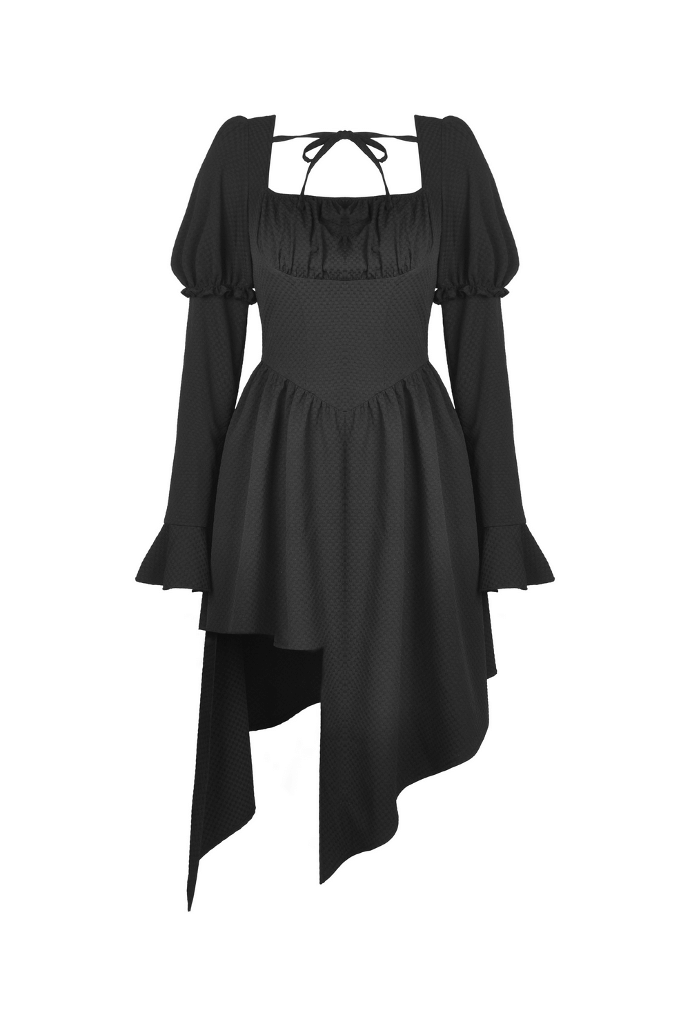 Asymmetrical Hem Dress with Long Sleeves and Choker Neckline