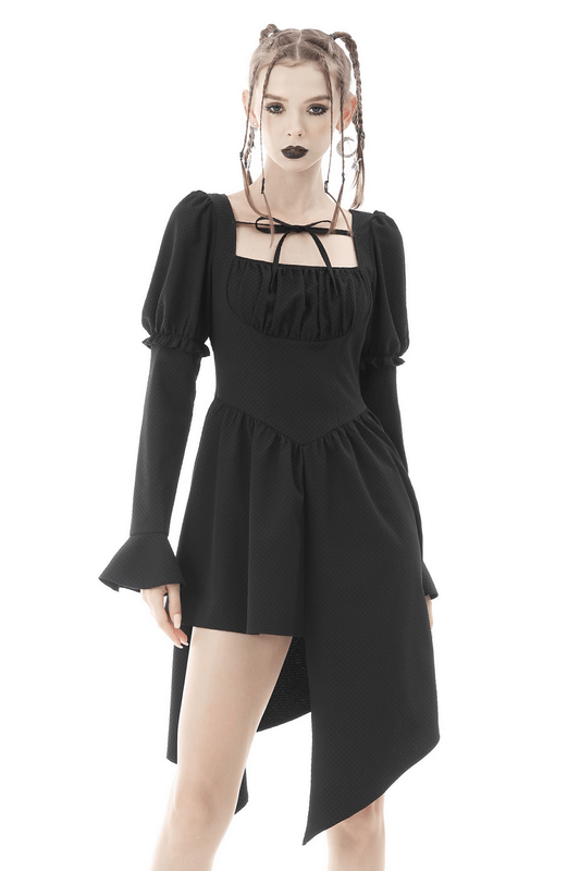Asymmetrical Hem Dress with Long Sleeves and Choker Neckline