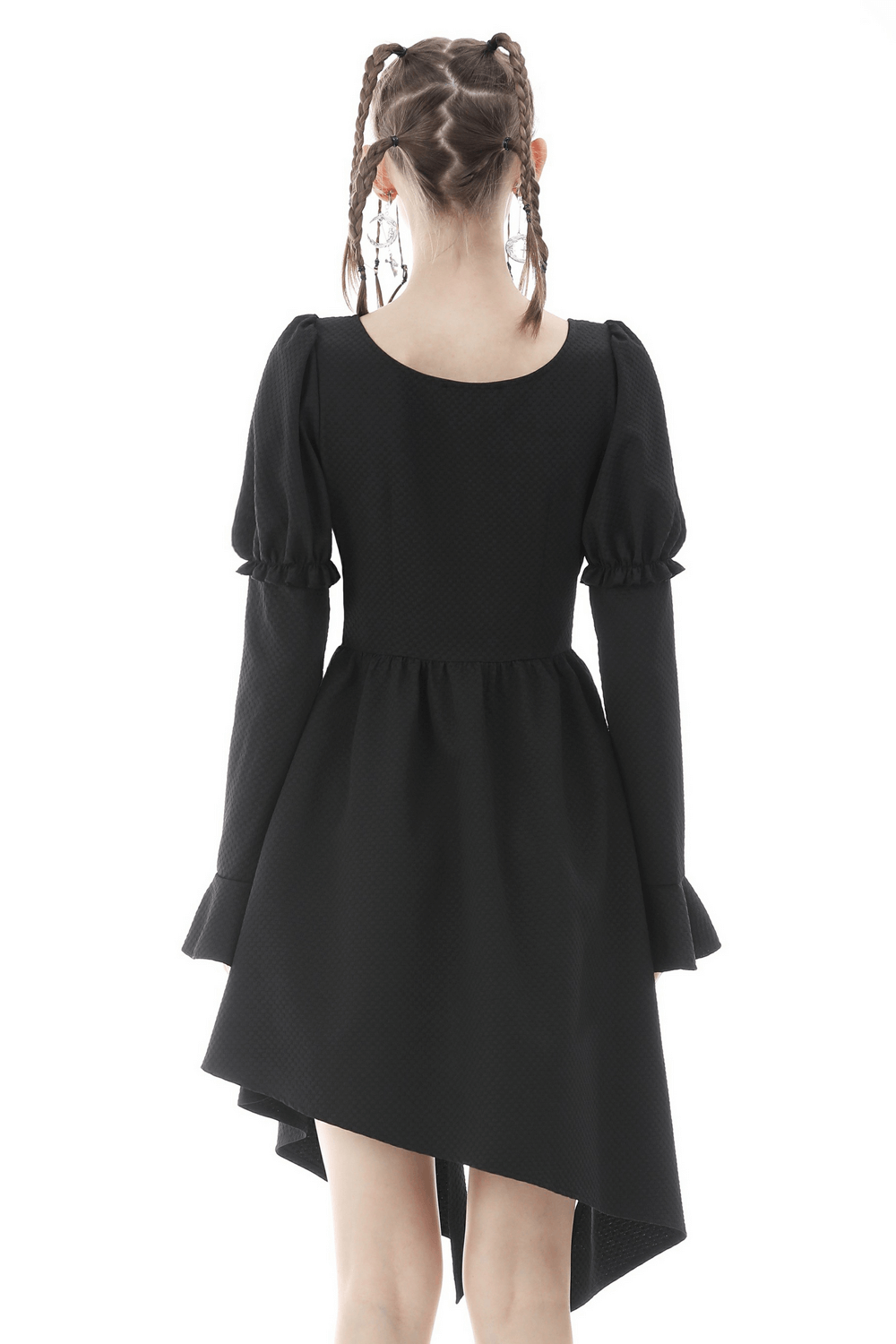Asymmetrical Hem Dress with Long Sleeves and Choker Neckline