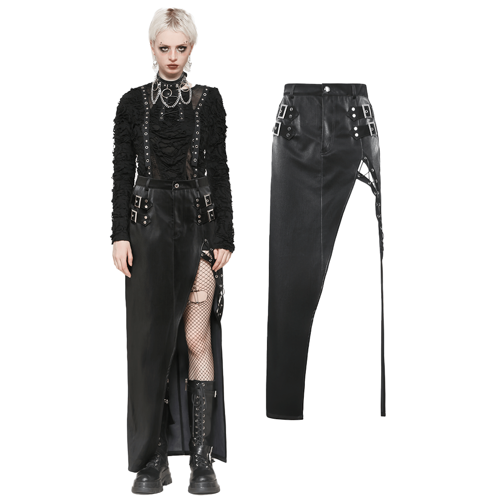 Asymmetrical PU Leather Skirt with Buckles and Lacing