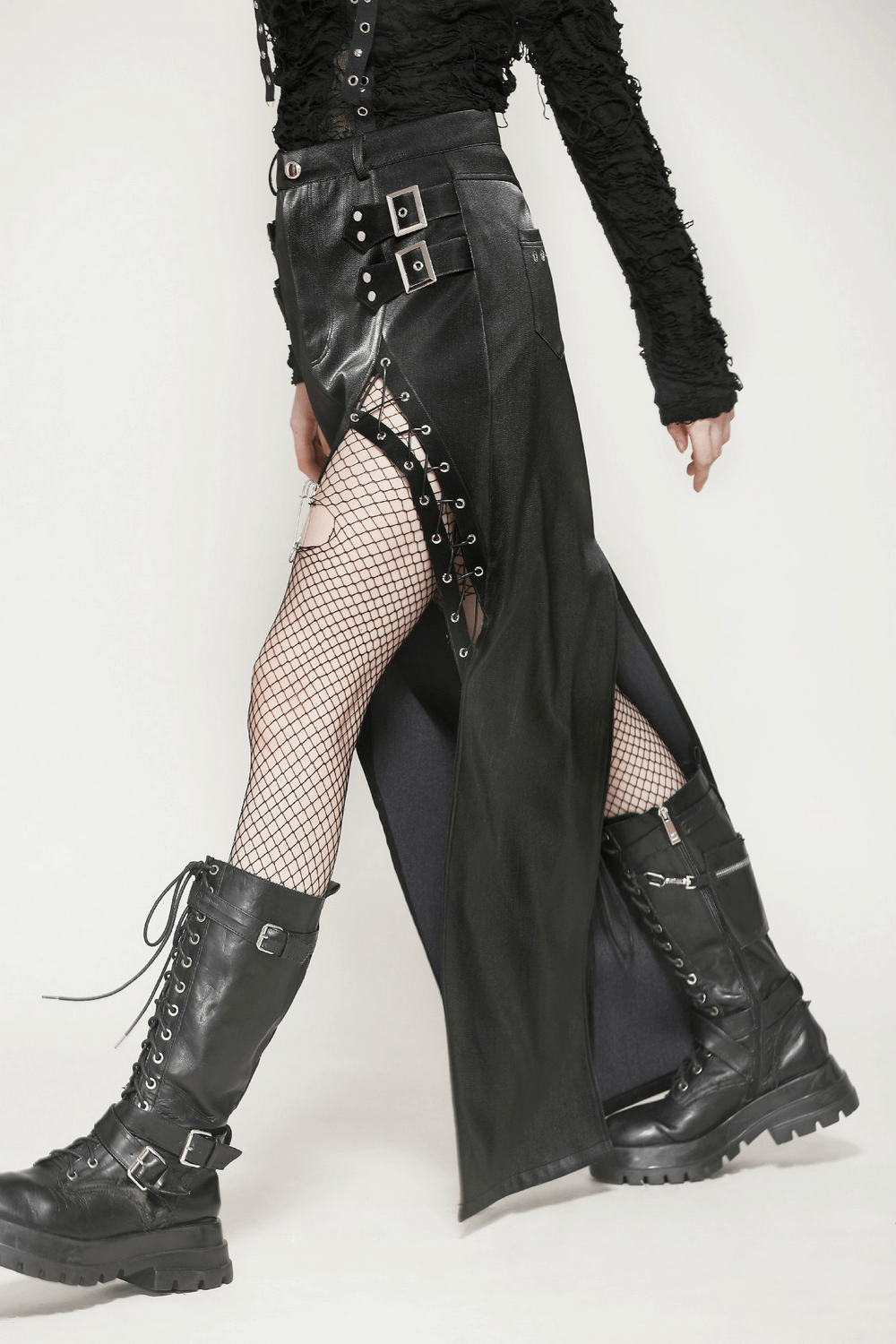 Asymmetrical PU Leather Skirt with Buckles and Lacing