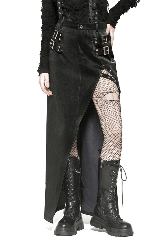 Asymmetrical PU Leather Skirt with Buckles and Lacing