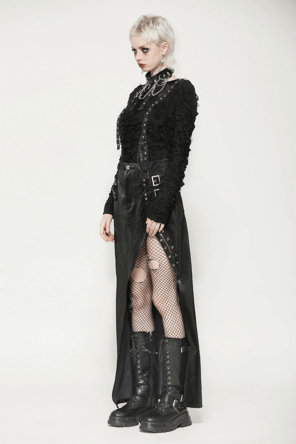 Asymmetrical PU Leather Skirt with Buckles and Lacing