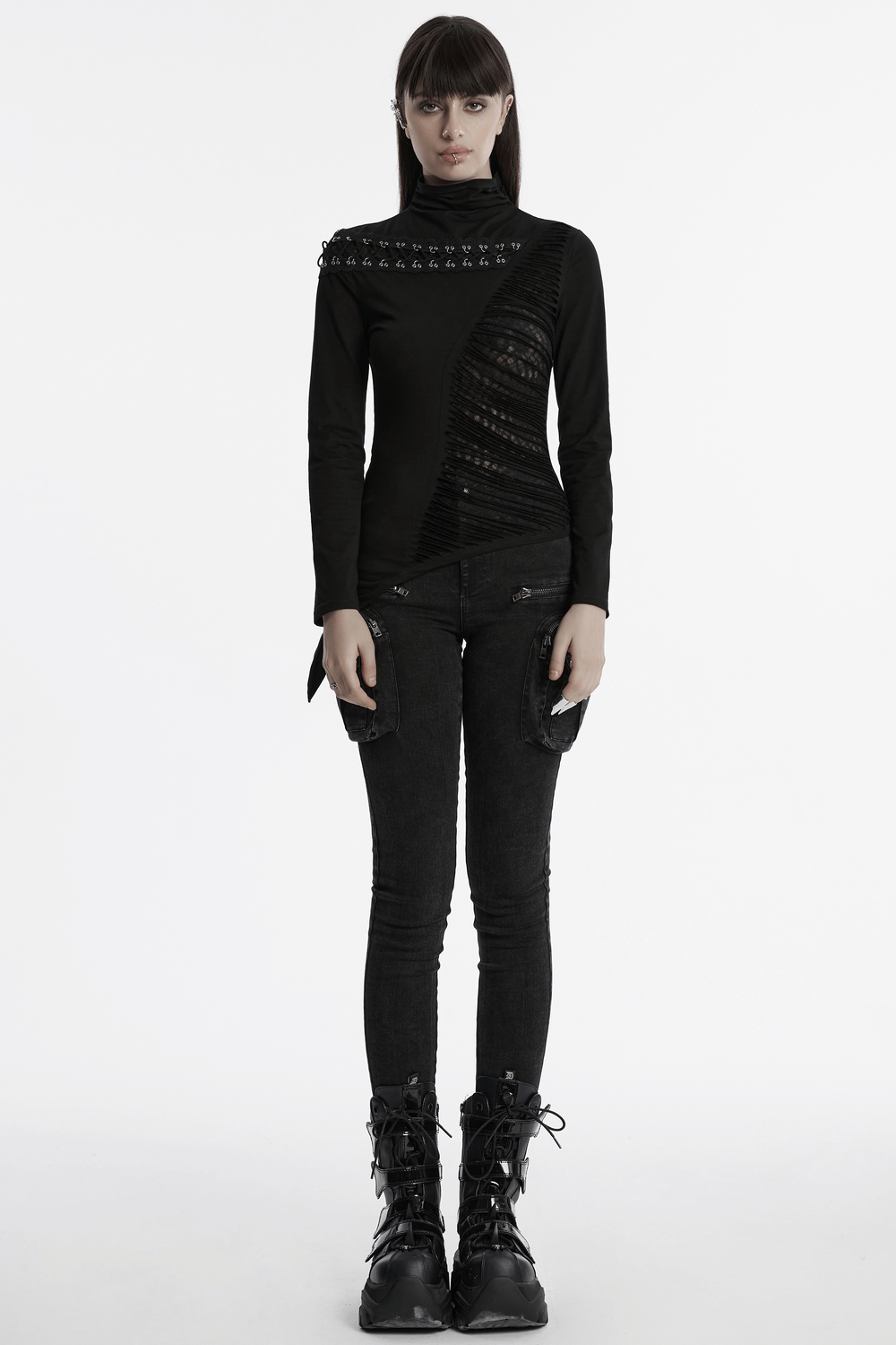 Asymmetrical Punk Mesh Sweatshirt with Metal Details