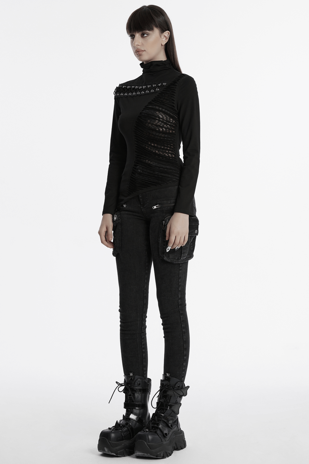 Asymmetrical Punk Mesh Sweatshirt with Metal Details