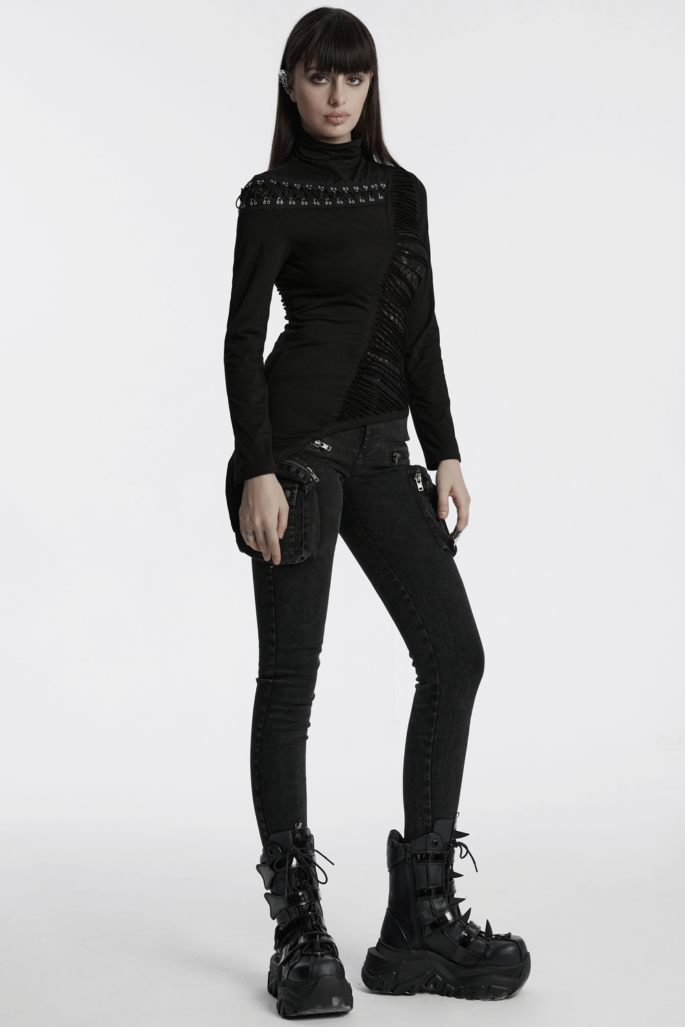 Asymmetrical Punk Mesh Sweatshirt with Metal Details