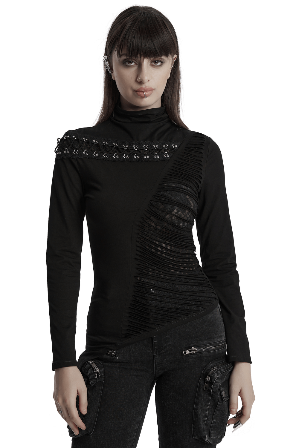 Asymmetrical Punk Mesh Sweatshirt with Metal Details