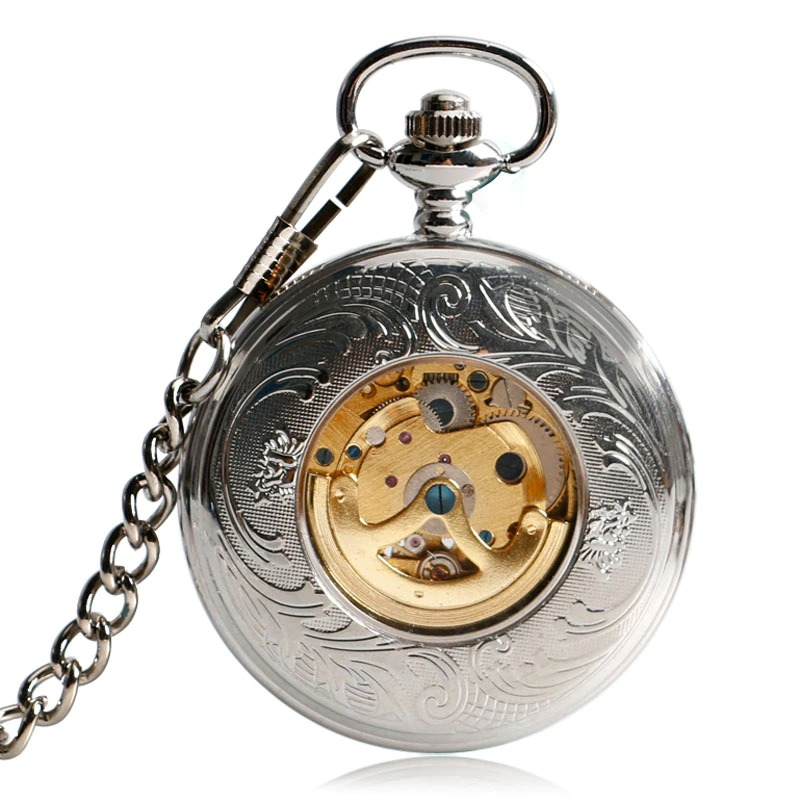 Auto Mechanical Pocket Watch with engraving Wing Half Hunter / Antique Watches with Chain
