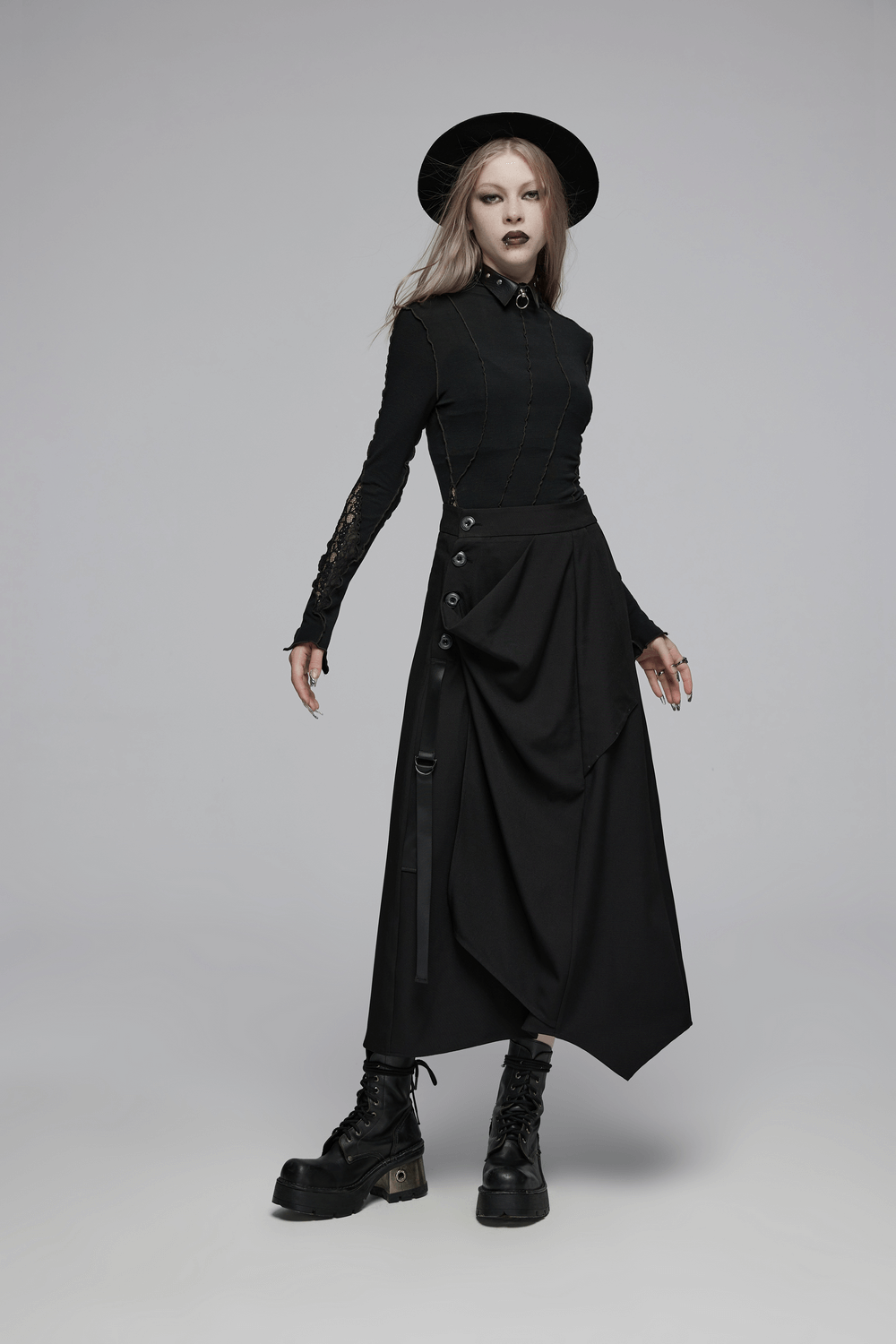 Avant-Garde Asymmetric Draped Skirt with Buckle Detail