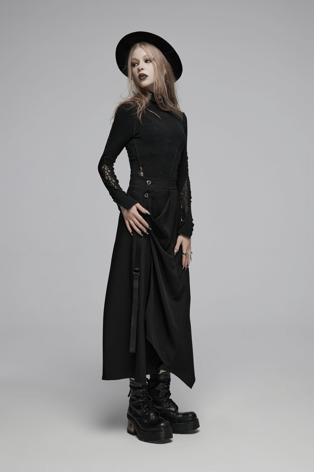 Avant-Garde Asymmetric Draped Skirt with Buckle Detail