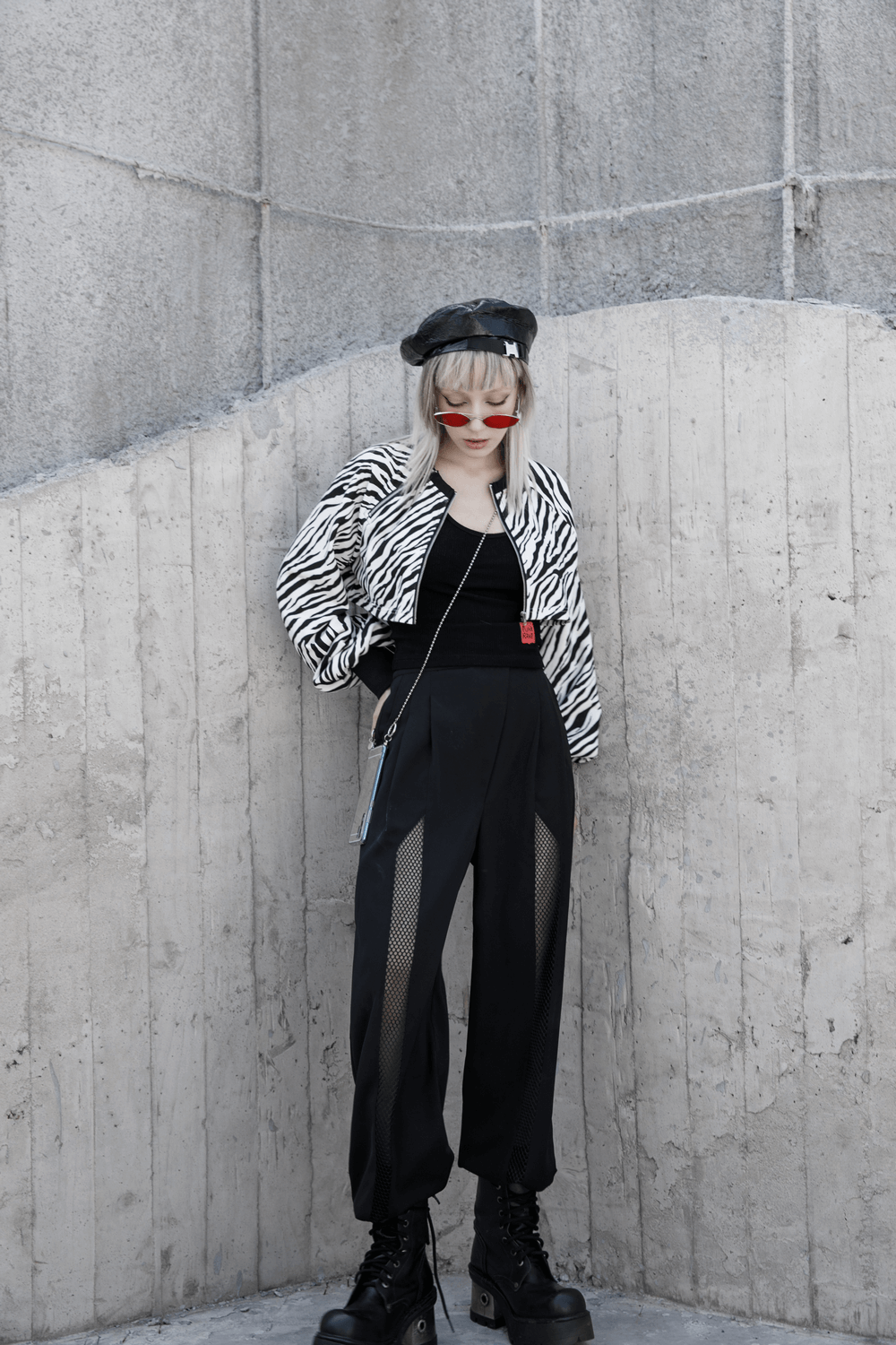 Avant Garde Black High-Waisted Wide Leg Pants with Mesh Accents