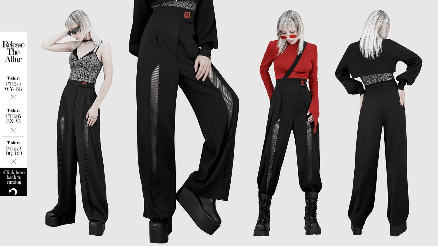 Avant Garde Black High-Waisted Wide Leg Pants with Mesh Accents