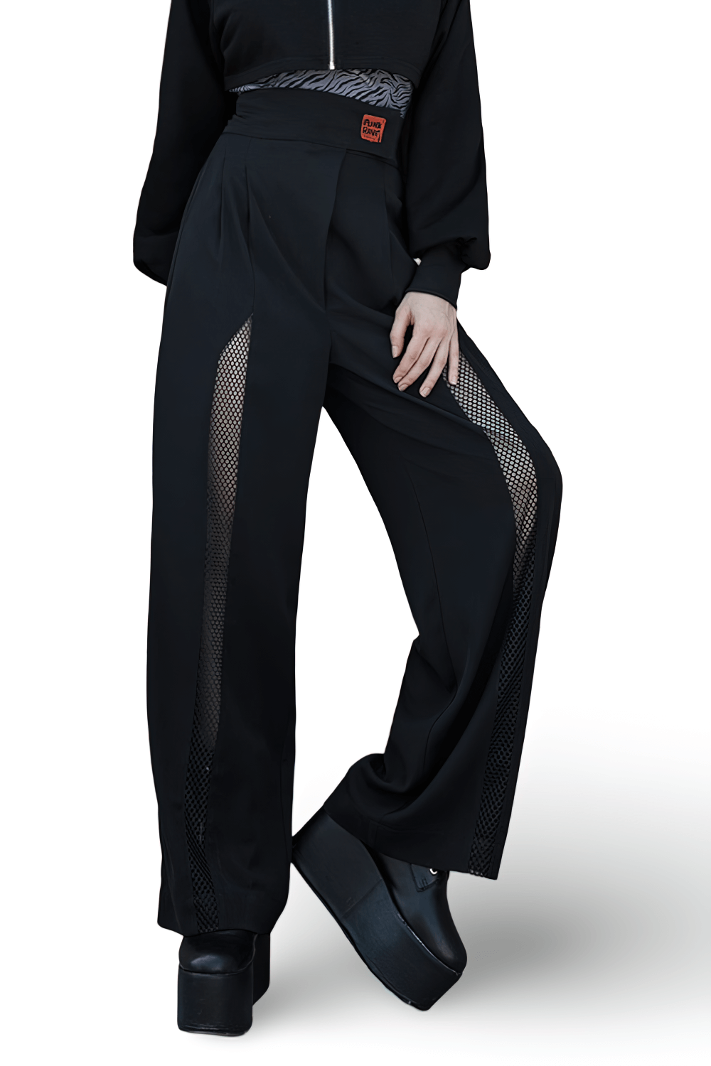 Avant Garde Black High-Waisted Wide Leg Pants with Mesh Accents