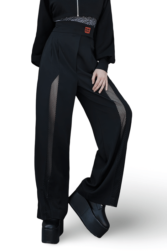 Avant Garde Black High-Waisted Wide Leg Pants with Mesh Accents