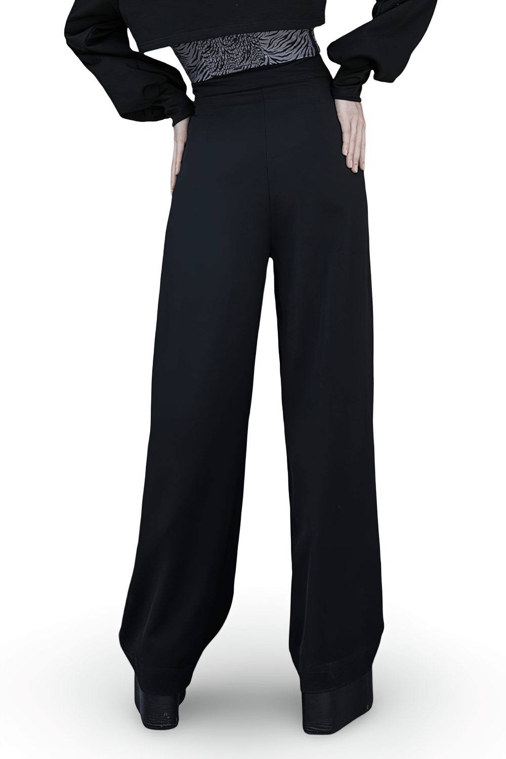 Avant Garde Black High-Waisted Wide Leg Pants with Mesh Accents