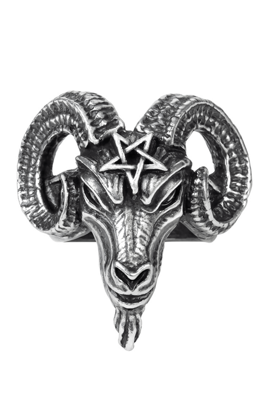 Baphomet Goat Head Ring with Pentagram Detail in Pewter