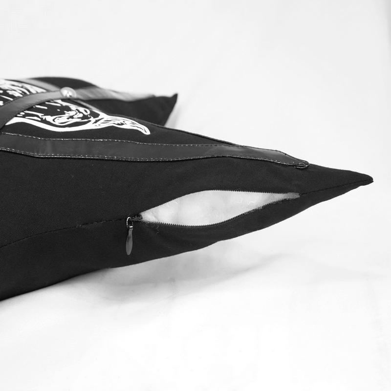 Baphomet Pentagram Cushion in Gothic Style / Black Filled Pillow with Faux Leather Trim