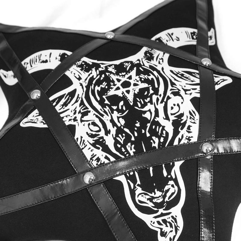 Baphomet Pentagram Cushion in Gothic Style / Black Filled Pillow with Faux Leather Trim