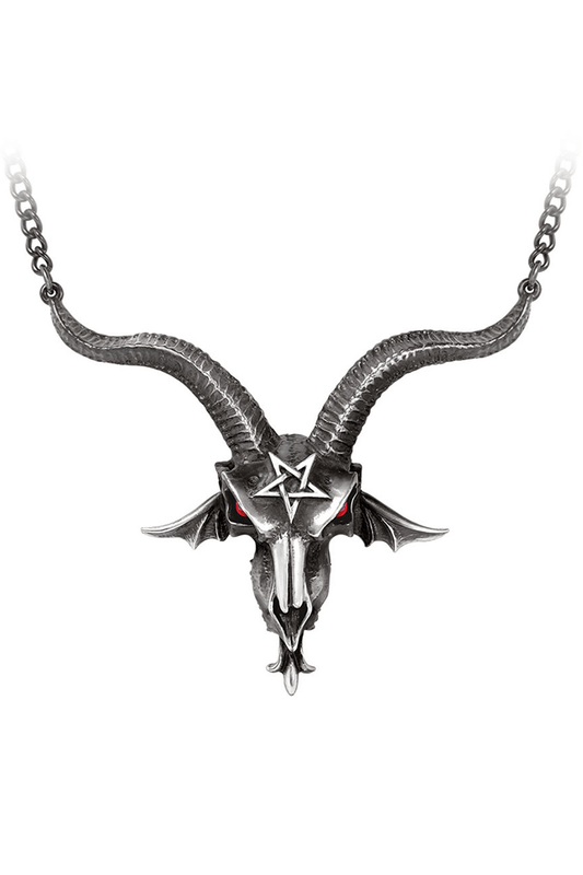 Baphomet Skull Necklace with Red Crystal Eyes and Horns