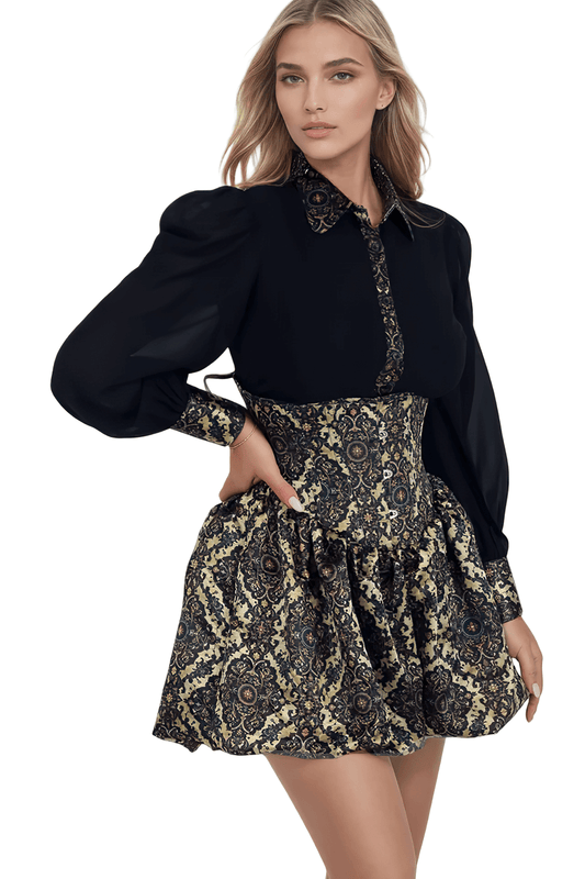 Baroque Print Gothic Corset Dress with Bubble Skirt