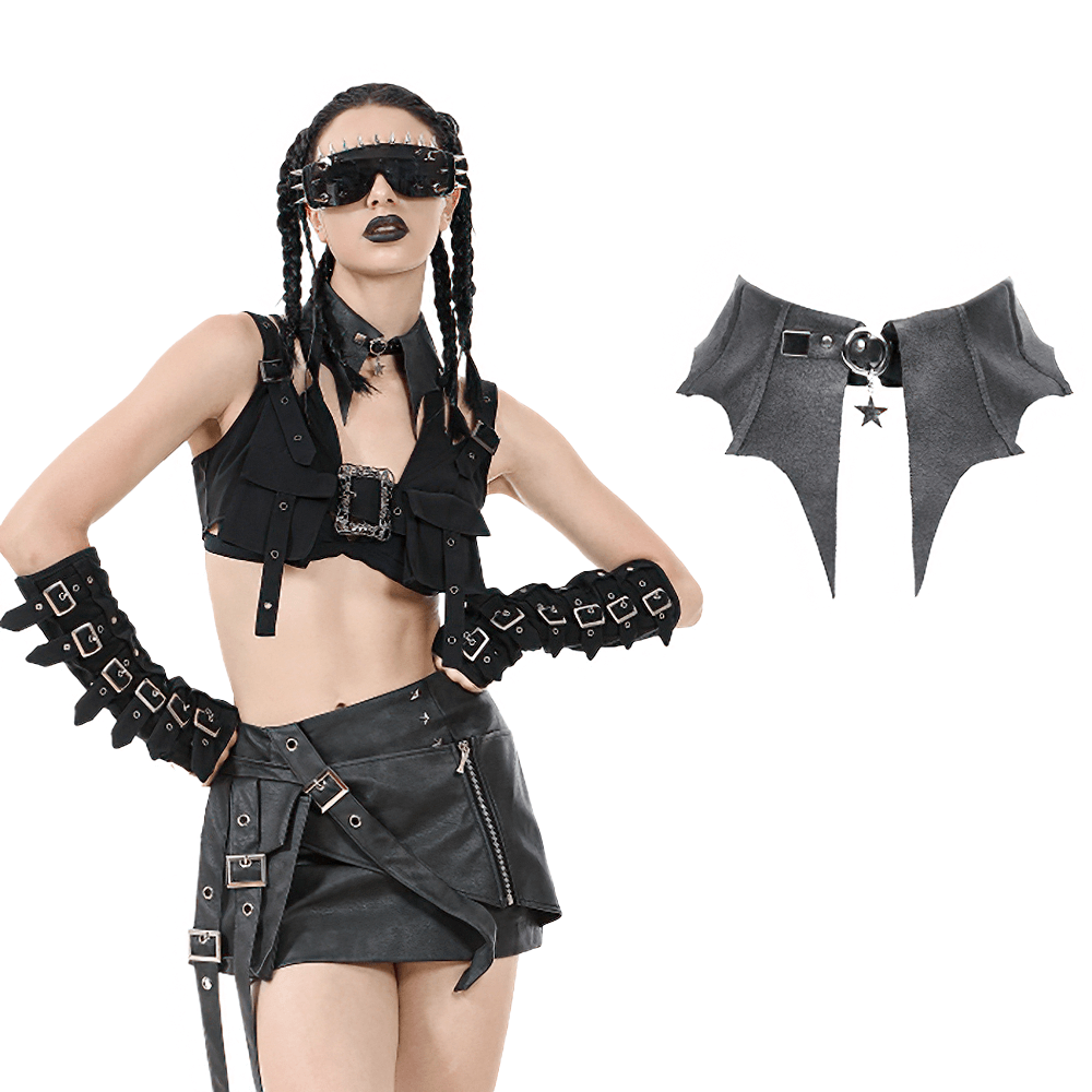Bat Wing Faux Leather Choker Collar with Star Charm Ring