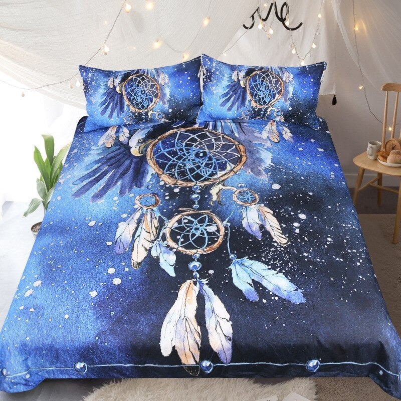 Bedding Set with Printed Feather Blue Dreamcatcher / Bedclothes Queen Size / Home Textiles