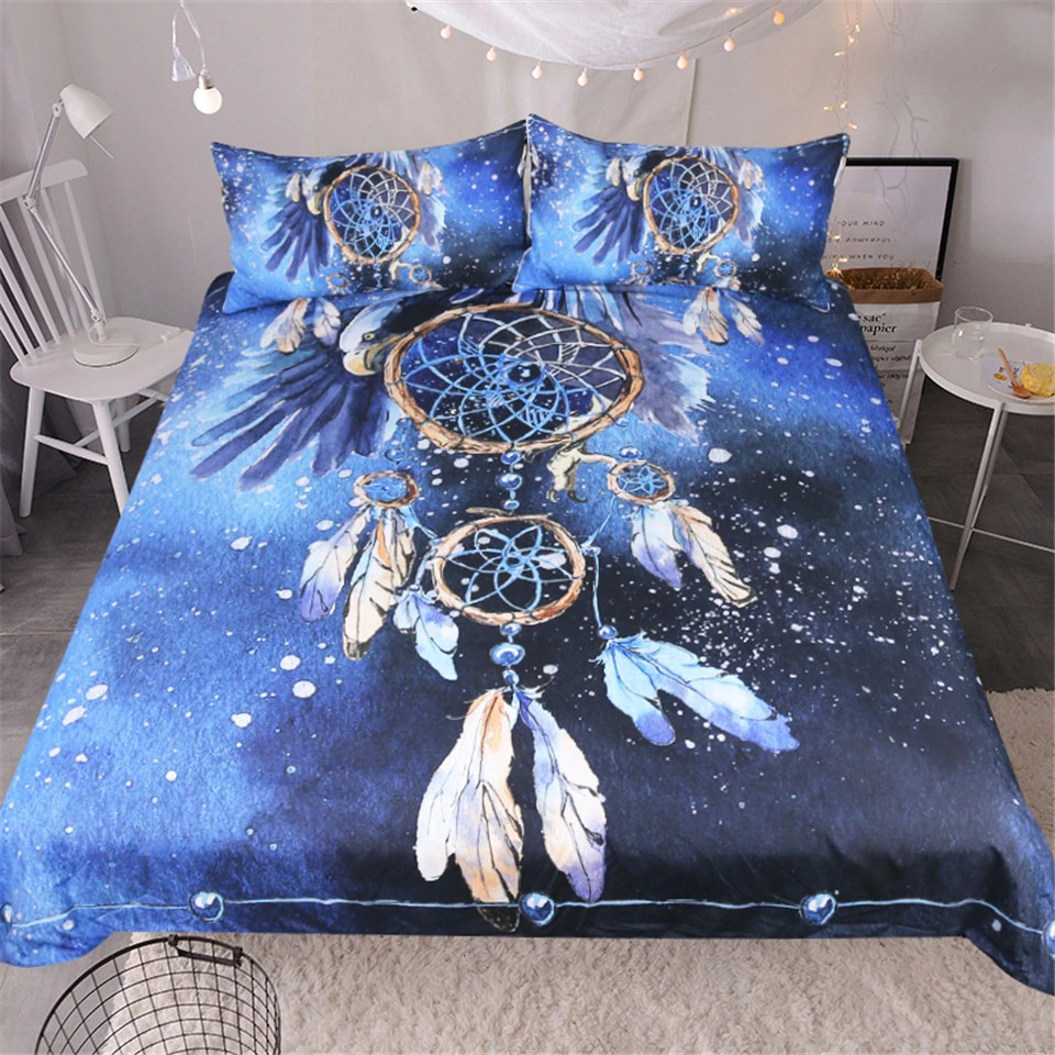 Bedding Set with Printed Feather Blue Dreamcatcher / Bedclothes Queen Size / Home Textiles