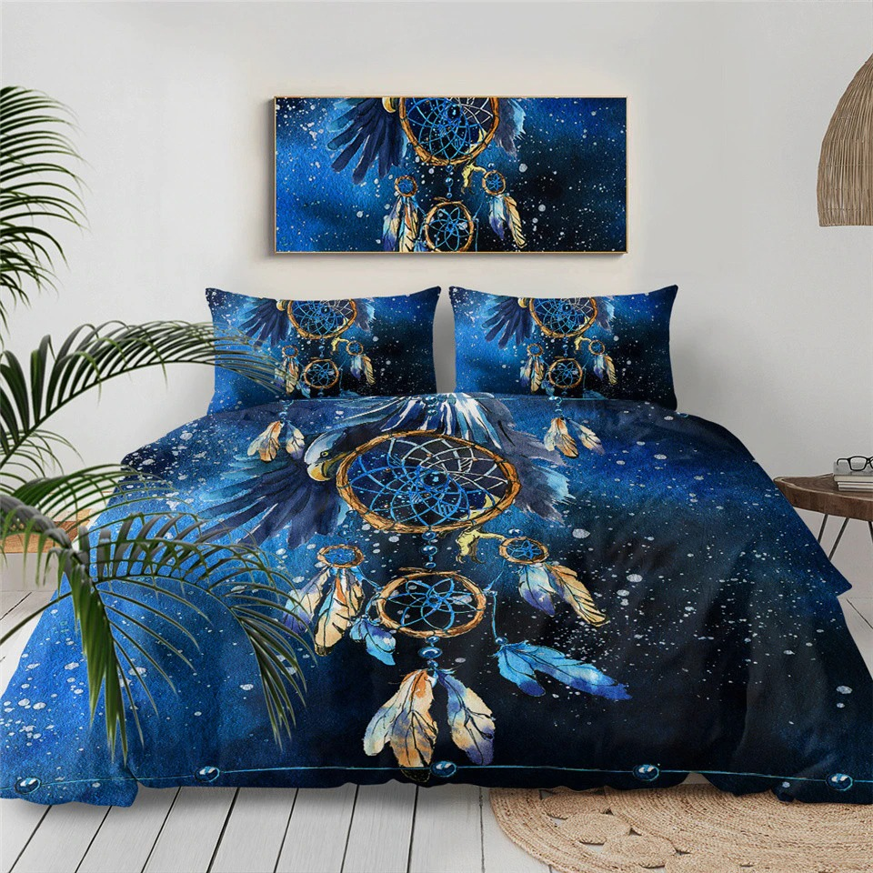 Bedding Set with Printed Feather Blue Dreamcatcher / Bedclothes Queen Size / Home Textiles