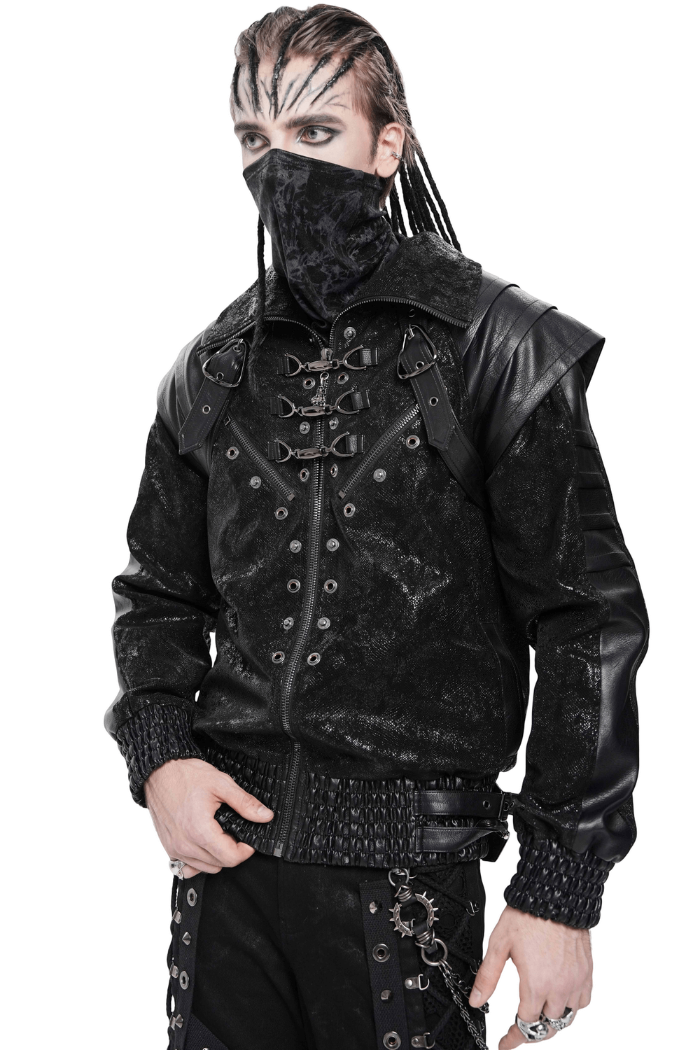 Biker Black Jacket with Buckles and Leather Details