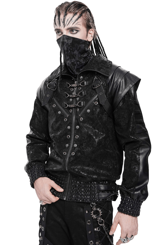 Biker Black Jacket with Buckles and Leather Details